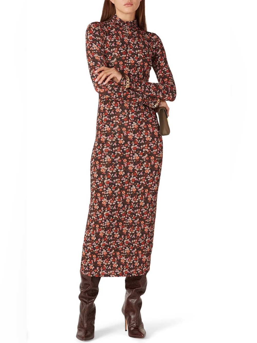 Ramy Brook Heidi Floral Turtleneck Midi Sheath Dress Black Combo M